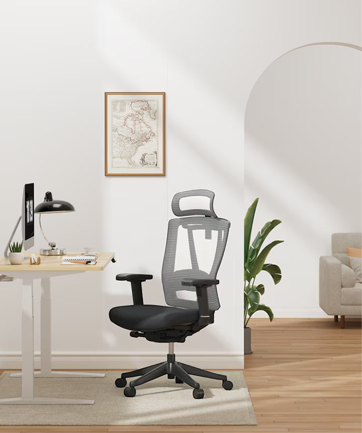 Neva Furniture ergonomic mesh office chair with adjustable headrest and lumbar support in black and grey