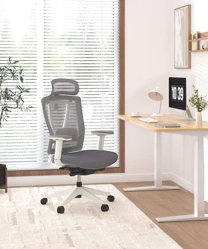 Neva Furniture ergonomic mesh office chair in grey and white with adjustable lumbar support and headrest.