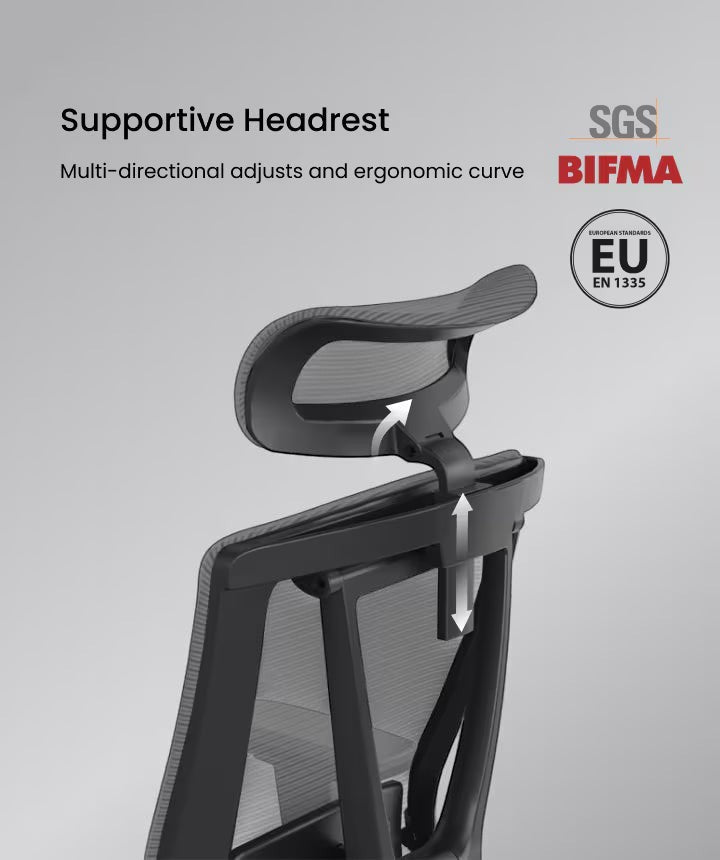 Neva Furniture ergonomic office chair with adjustable black mesh headrest and lumbar support. Features SGS, BIFMA, and EU EN 1335 certifications.