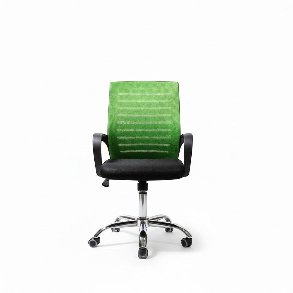 Neva Furniture green mesh back office chair with black seat and chrome base, designed for airflow and ergonomic support.