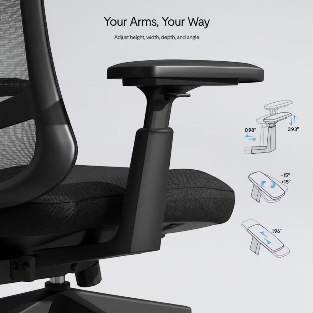 Neva Furniture Sheer ergonomic office chair in black mesh and fabric, featuring adjustable armrests with diagrams showing height, depth, and angle adjustments.