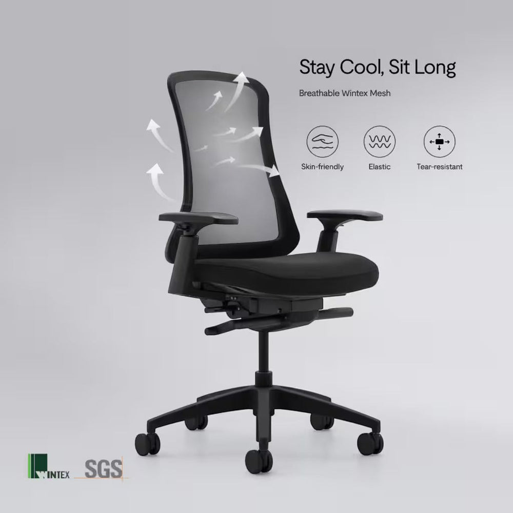 Neva Furniture Sheer ergonomic office chair with breathable black mesh back and padded seat, adjustable armrests, and wheeled base.