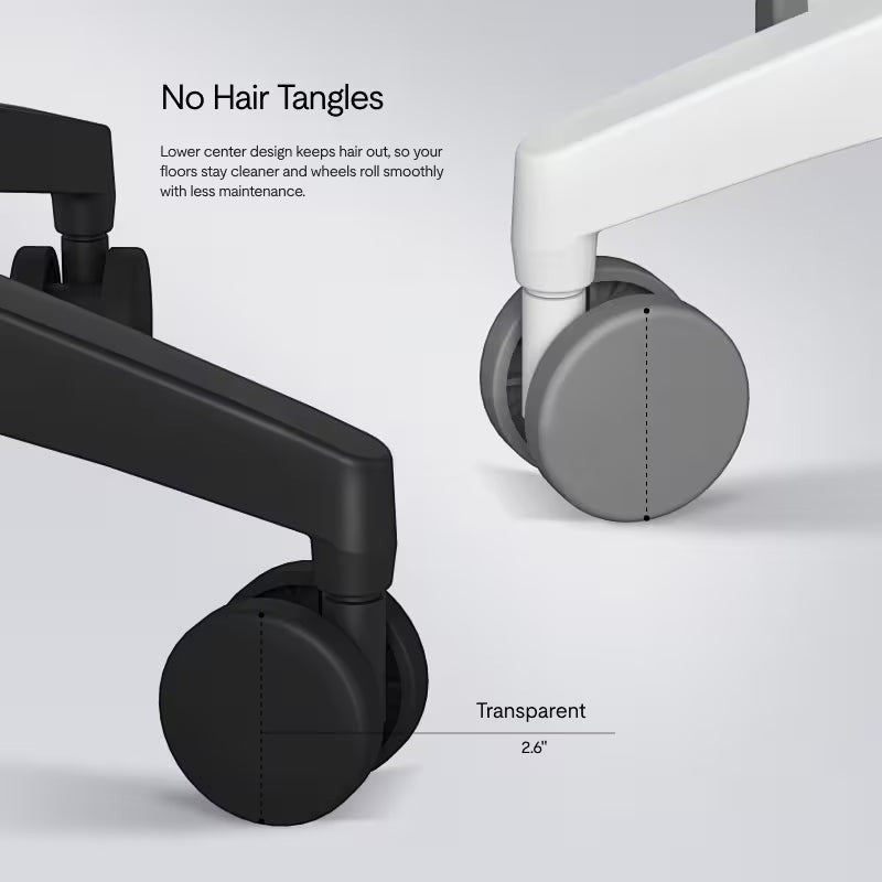 Neva Furniture Sheer ergonomic office chair casters in black and transparent grey, 2.6" diameter, designed for no hair tangles.