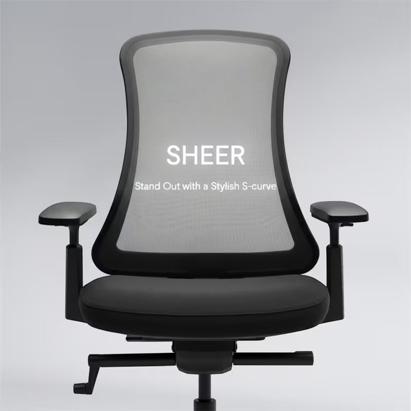 Neva Furniture Sheer ergonomic office chair with black mesh back and padded seat, featuring adjustable armrests and a stylish S-curve design.