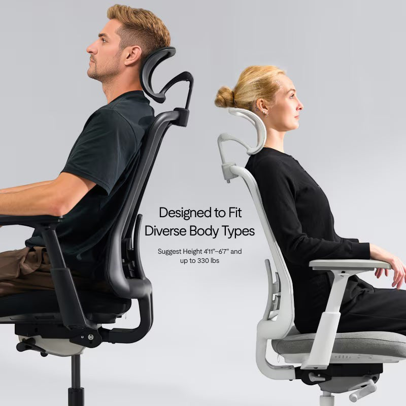 Neva Furniture Sheer ergonomic office chair in black and white, designed for diverse body types, adjustable height and armrests.