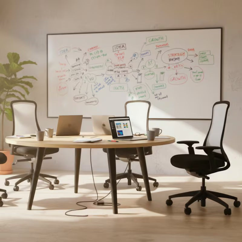 Neva Furniture Sheer ergonomic office chair in black with white mesh back and adjustable armrests, in a modern meeting room.
