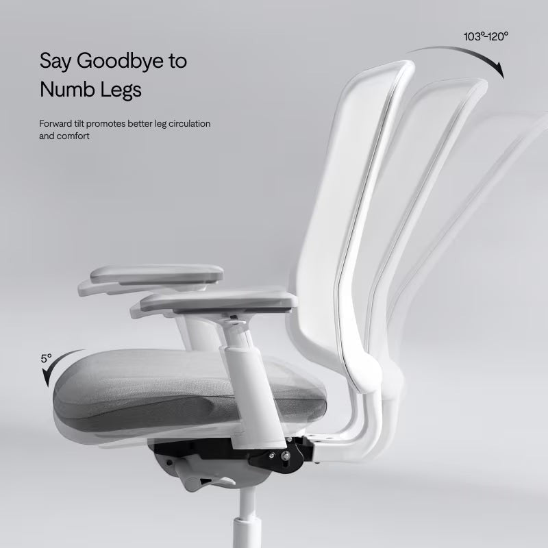 Neva Furniture Sheer ergonomic office chair in white with gray seat, featuring adjustable armrests and tilt mechanism for comfort.