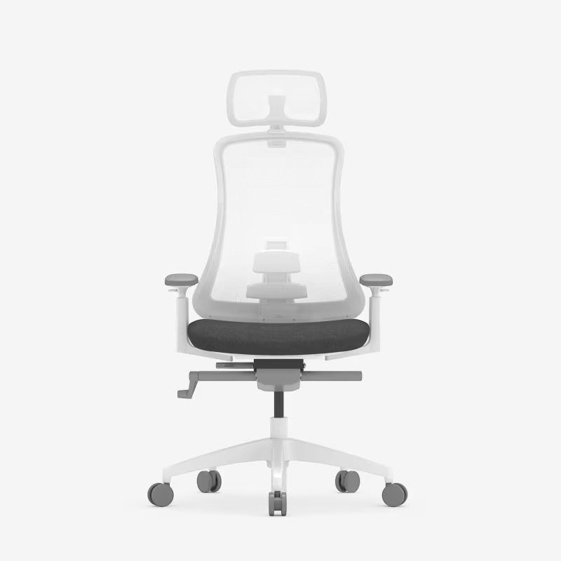 Neva Furniture Sheer ergonomic office chair with white mesh back, adjustable armrests, and dark gray seat cushion on a white base with wheels.