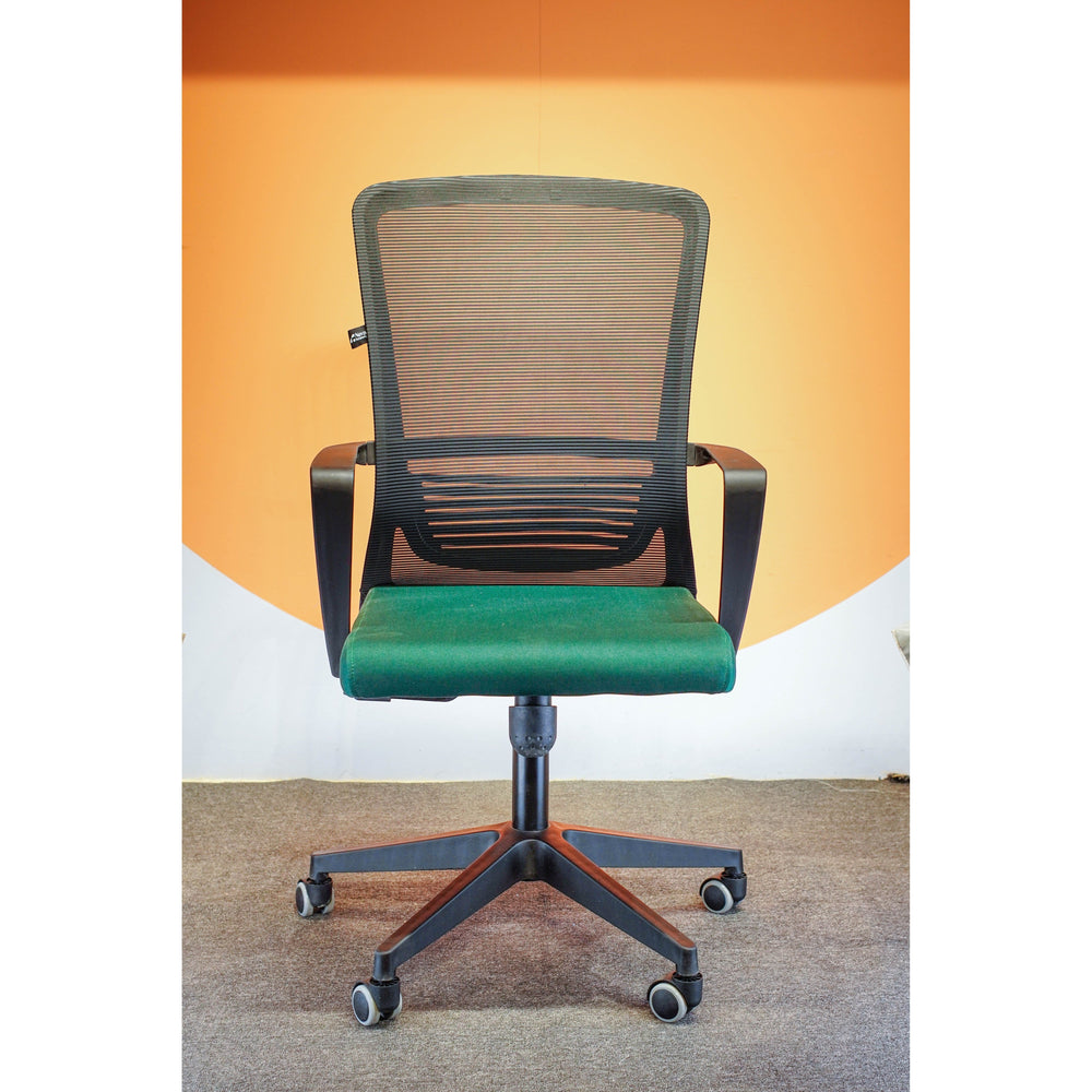 Neva Vibe chair front view with black mesh back and green upholstered seat