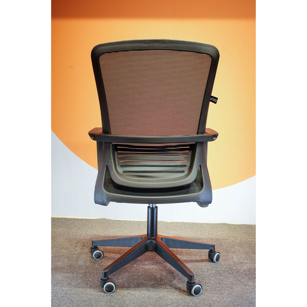 Neva Vibe chair rear view showing the mesh back, slotted support and five-star caster base