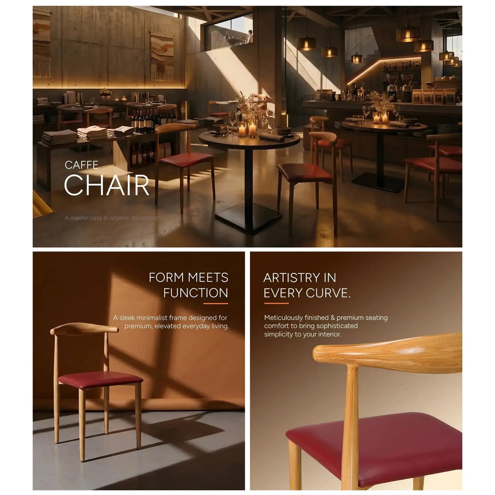 Neva Grain chair promotional collage with a restaurant setting, full chair and backrest detail