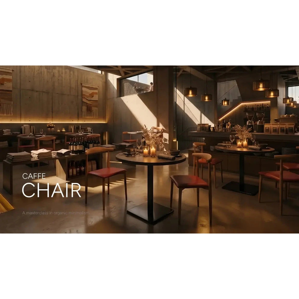 Neva Grain chairs in a restaurant setting with café chair promotional text