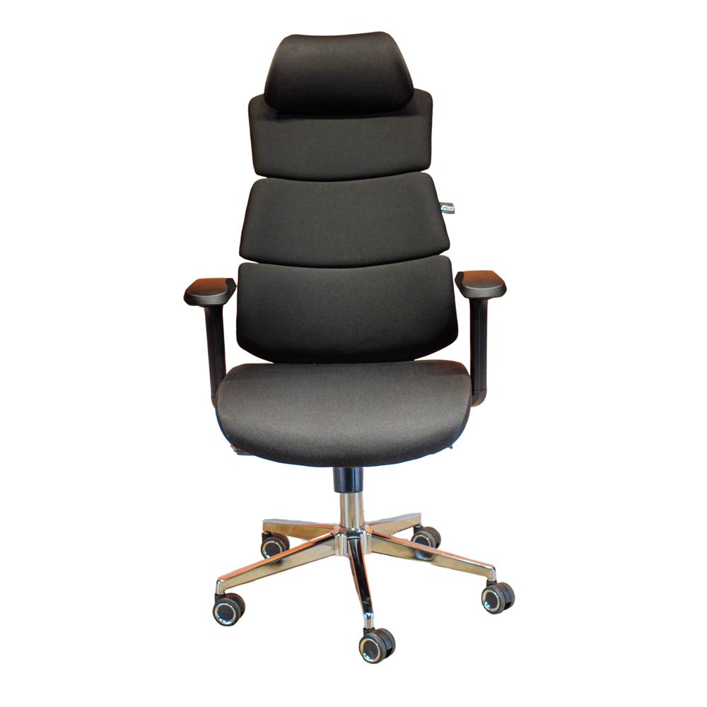 Neva Lynk black office chair, straight front view with three padded back sections, curved headrest and chrome base