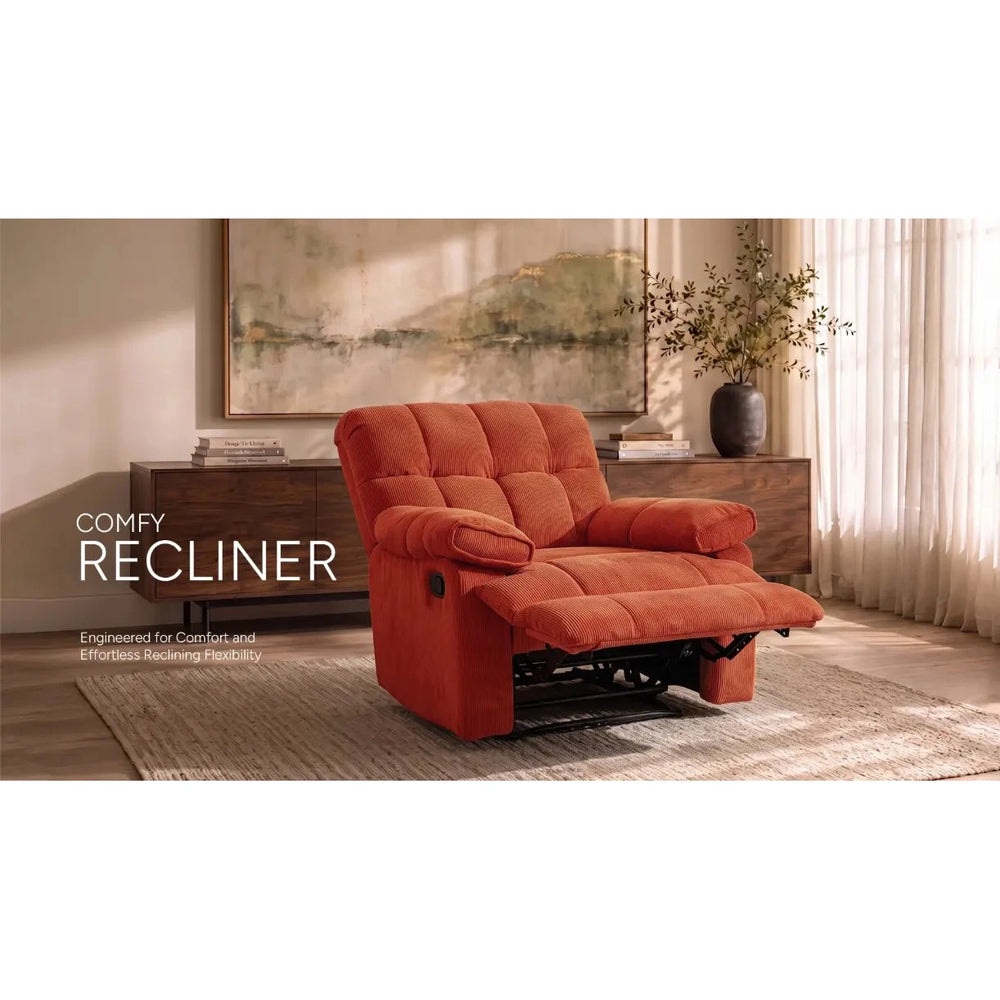 Neva Orange recliner promotional image in a living room with extended footrest