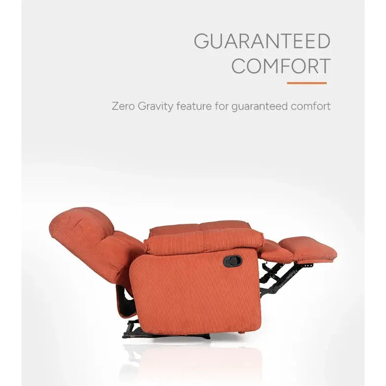 Neva Orange recliner promotional graphic showing the fully reclined side view