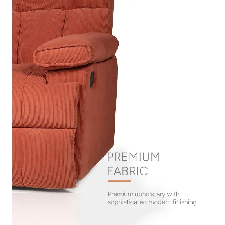 Neva Orange recliner, corduroy upholstery and padded arm detail