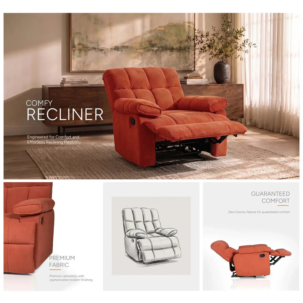 Neva Orange recliner collage with living-room view, fabric detail, illustration and reclined side view