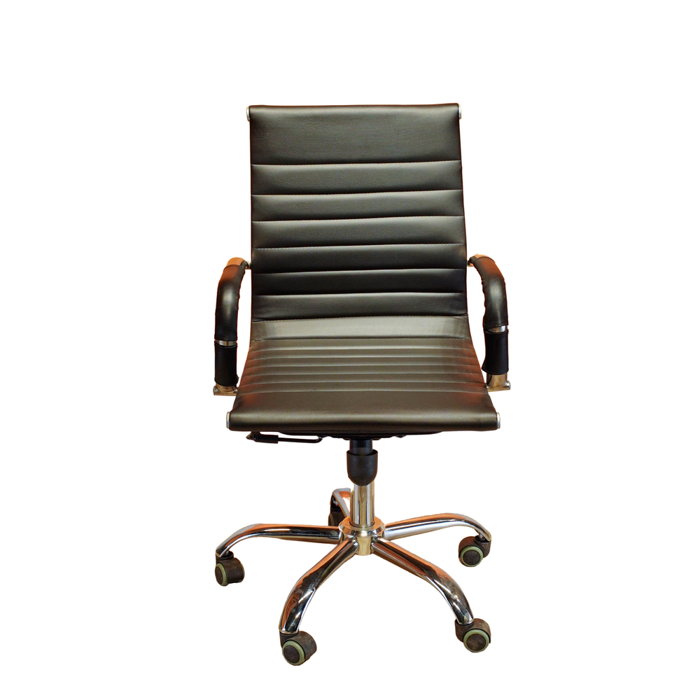 Neva Sit Black office chair, front view with horizontal stitching, padded arm sleeves and polished five-star base