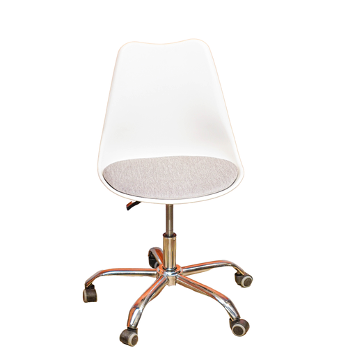 Neva Tulip White revolving task chair, front view of the shaped shell, padded fabric seat and chrome five-star base