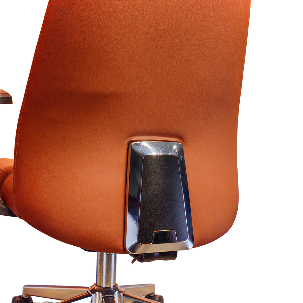 Neva Vero tan-brown backrest detail with the chrome-edged black rear support fitting, its lower slot and the small tab beneath it.