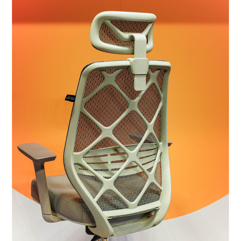 Neva Vertex office chair rear upper view showing the headrest bracket and lattice back frame