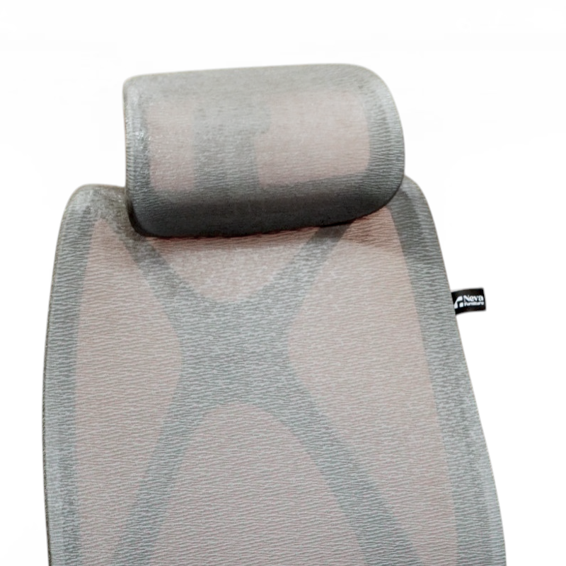 Neva X-Air Grey mesh headrest and upper back close-up, with the X-frame visible through the weave and the Neva Furniture label.