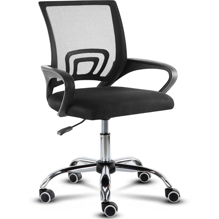 Neva Basic black mesh chair with curved armrests and polished base, front three-quarter view
