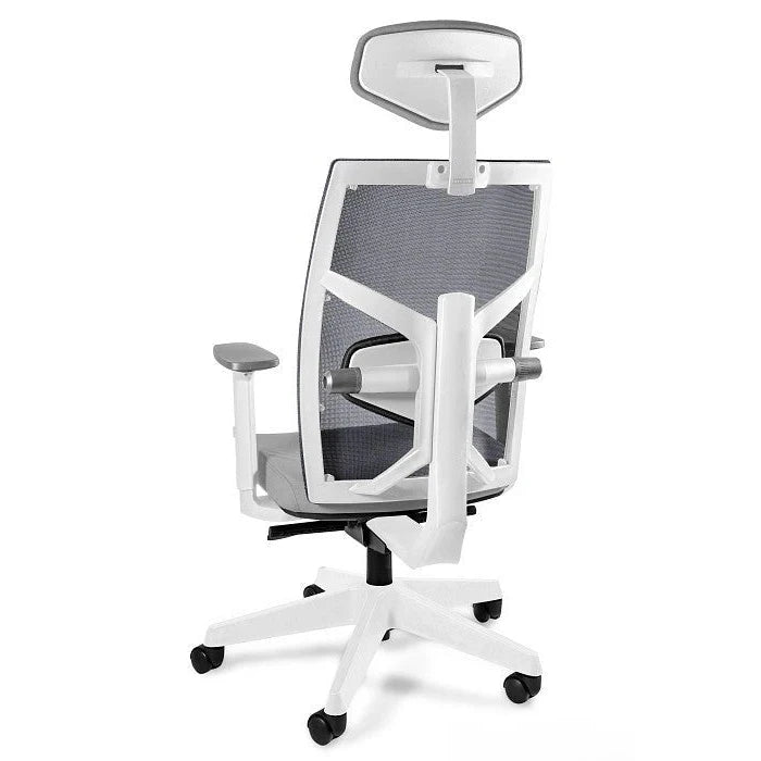 Merryfair Tune grey chair viewed from behind, showing the white back frame, headrest support and base