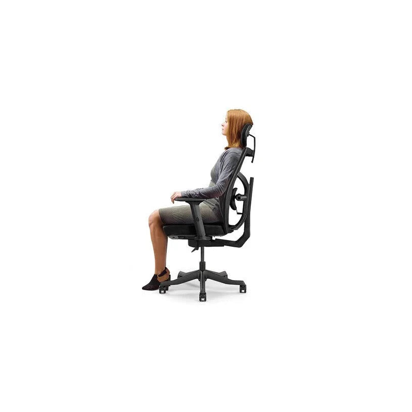 Merryfair Tune black high-back chair shown in side view with a person seated upright