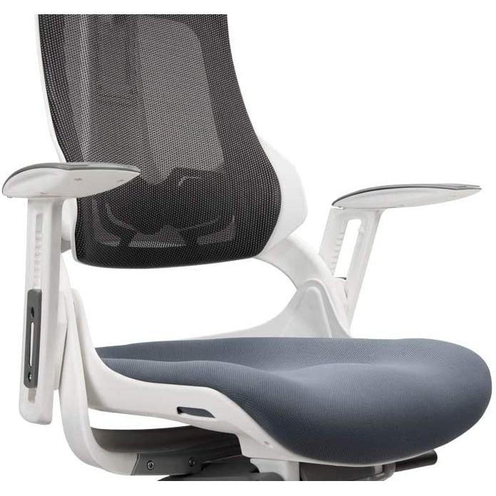 Merryfair Wau V2 front detail of the grey padded seat, mesh back and white armrests