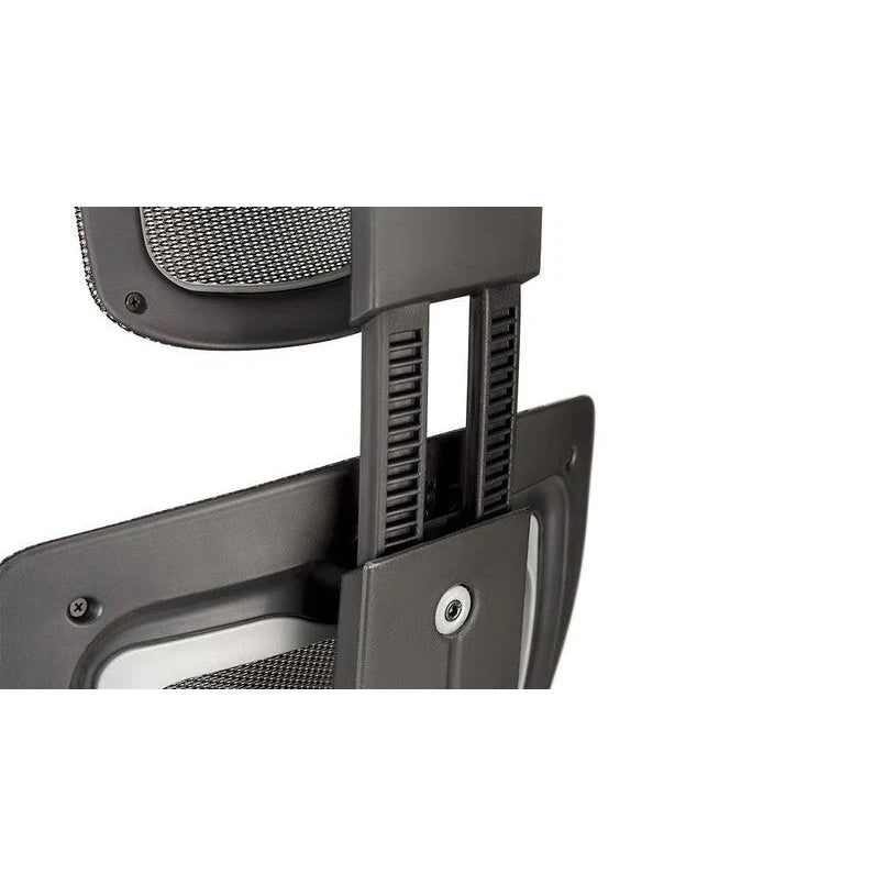 Merryfair Wau V2 rear close-up of the black mesh headrest and its two vertical support tracks