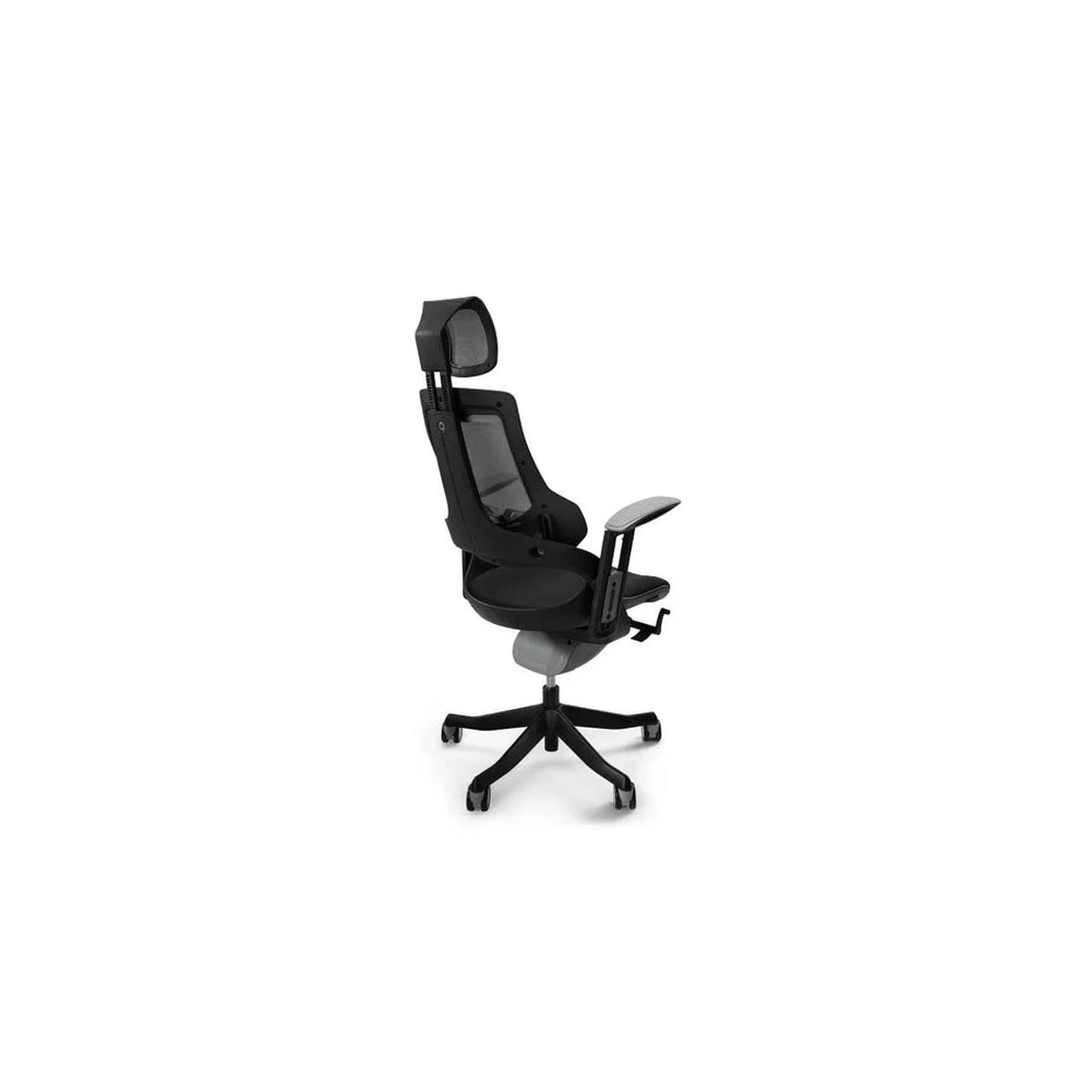 Merryfair Wau V2 rear three-quarter view of the black-framed mesh chair with headrest and dark wheeled base