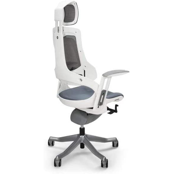 Merryfair Wau V2 rear three-quarter view of the white-framed grey mesh chair with headrest and polished base