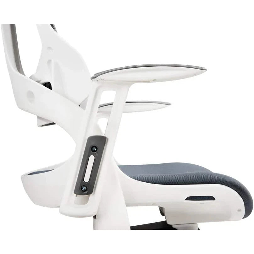 Merryfair Wau V2 close-up of the white armrest support, sliding track and padded seat edge