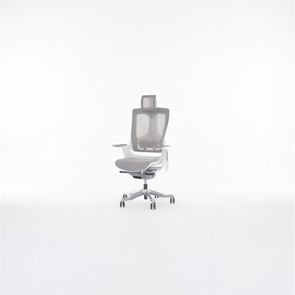 Neva Merryfair Wau V2 Premium Ergonomic Chair — white-framed grey office chair with headrest shown against a light studio background.