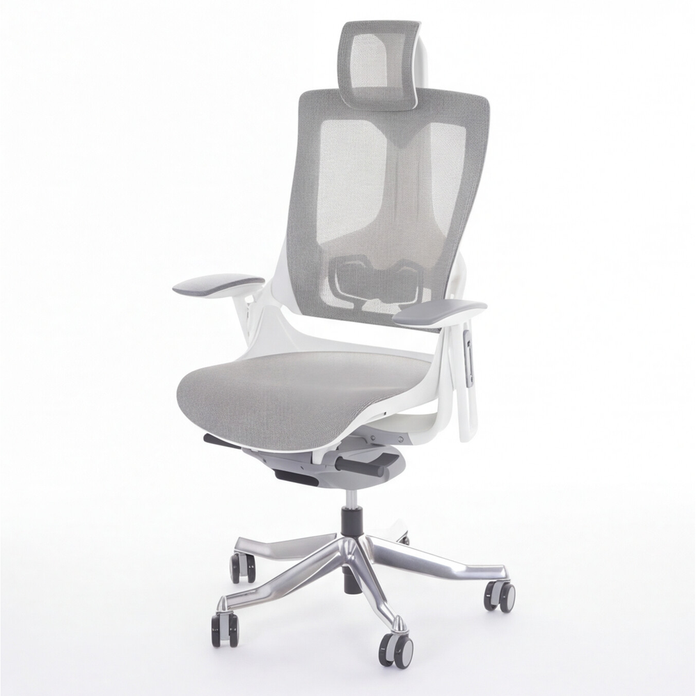 Neva Merryfair Wau V2 Premium Ergonomic Chair — three-quarter view of a white-framed grey mesh chair with headrest and polished wheeled base.
