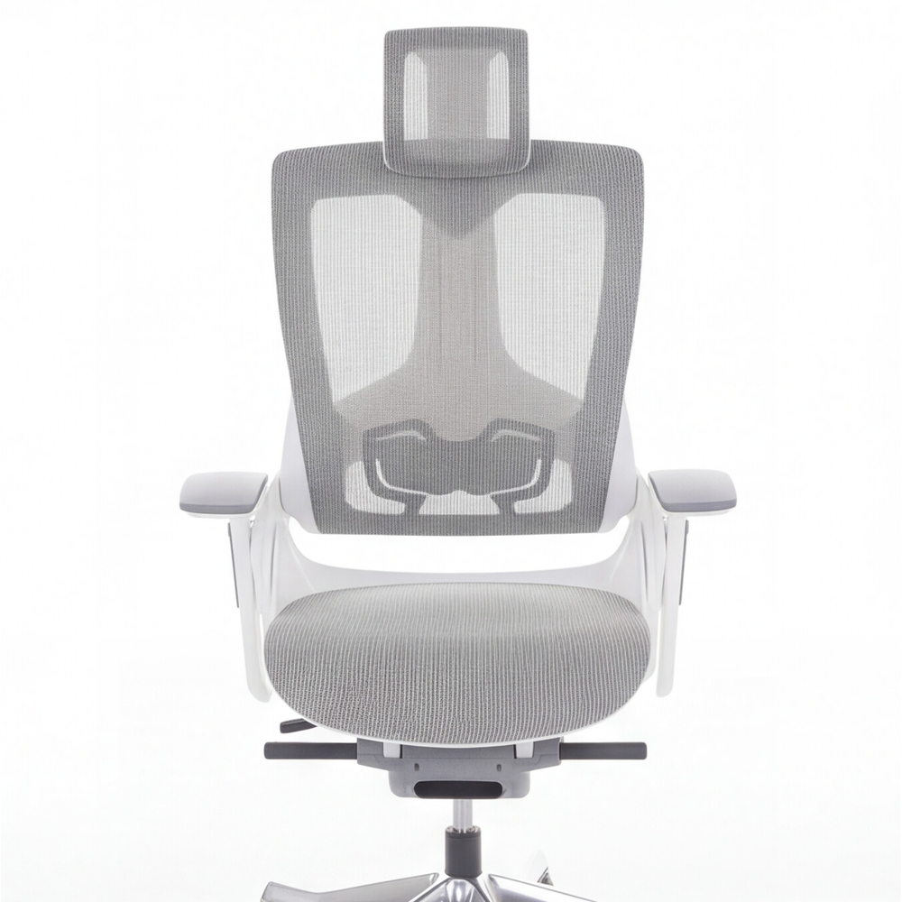 Neva Merryfair Wau V2 Premium Ergonomic Chair — front view of a grey mesh chair with white frame, headrest and padded seat.