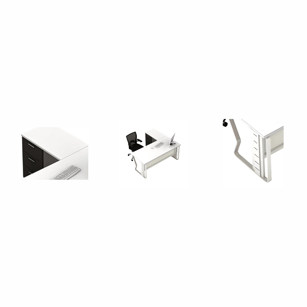 Composite of the white Neva Work Master L-shaped desk beside drawer-pedestal and leg details from the same catalogue image