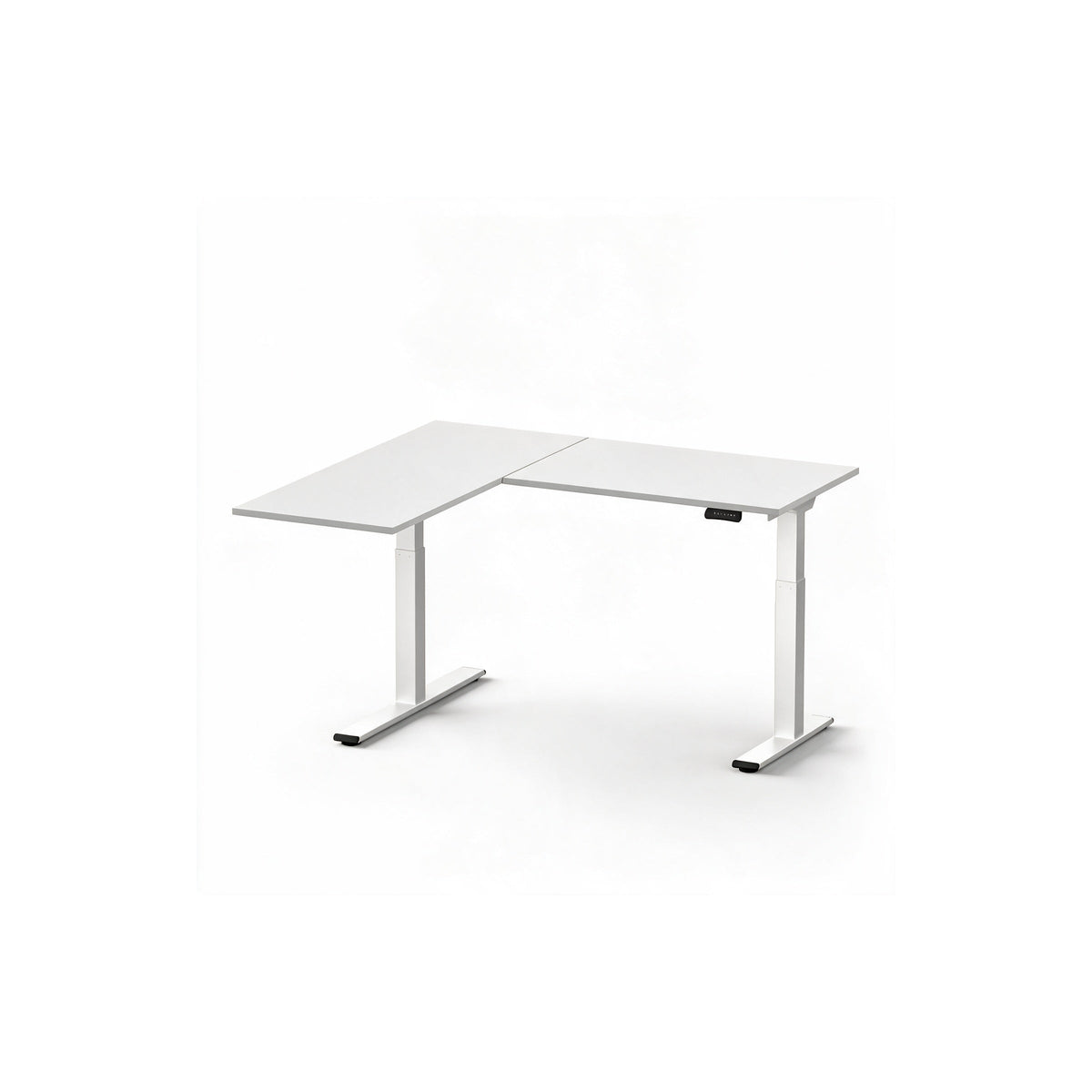 White L-shaped standing desk with a two-piece top and height-control keypad