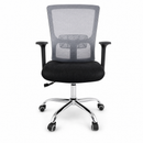 A modern office chair with a black mesh back, black fabric seat, black armrests, and a chrome five-star base with dual-wheel casters, shown against a plain white background.