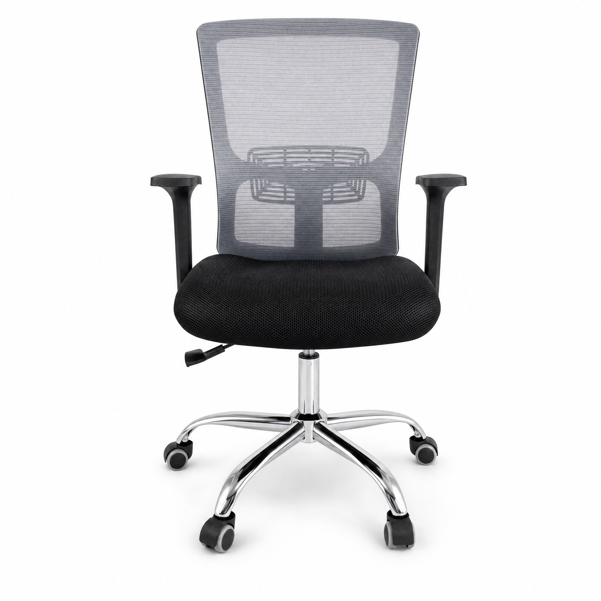 A modern office chair with a black mesh back, black fabric seat, black armrests, and a chrome five-star base with dual-wheel casters, shown against a plain white background.
