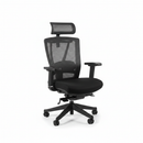 Black office chair with mesh back and armrests on a white background
