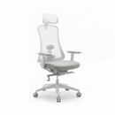 White office chair with mesh back and gray seat on a white background