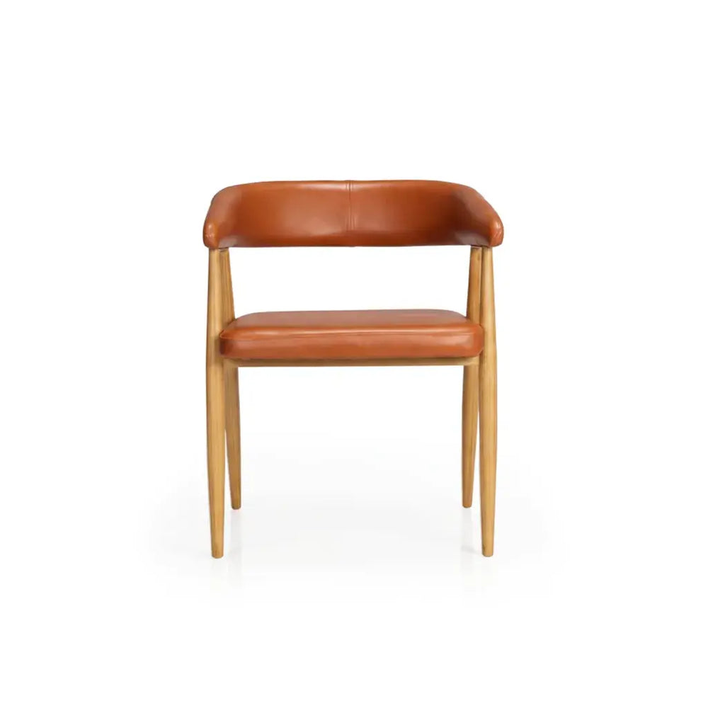 Neva Leto Chair — front view of the tan upholstered wooden armchair.