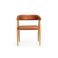 Neva Leto Chair — front view of the tan upholstered wooden armchair.