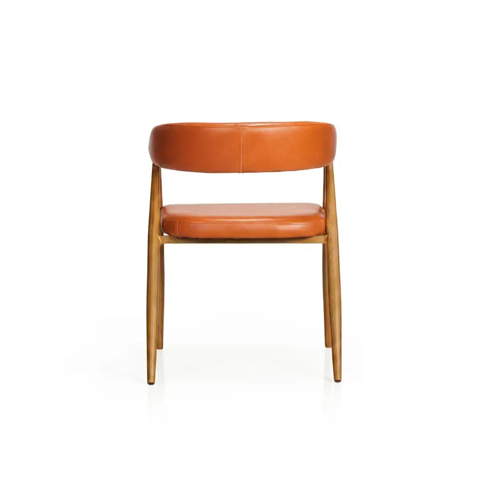 Neva Leto Chair — rear view of the tan upholstered chair and wooden frame.