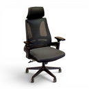 Black office chair with mesh back and gray seat on a white background
