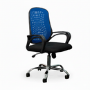 Black office chair with blue mesh backrest on a white background