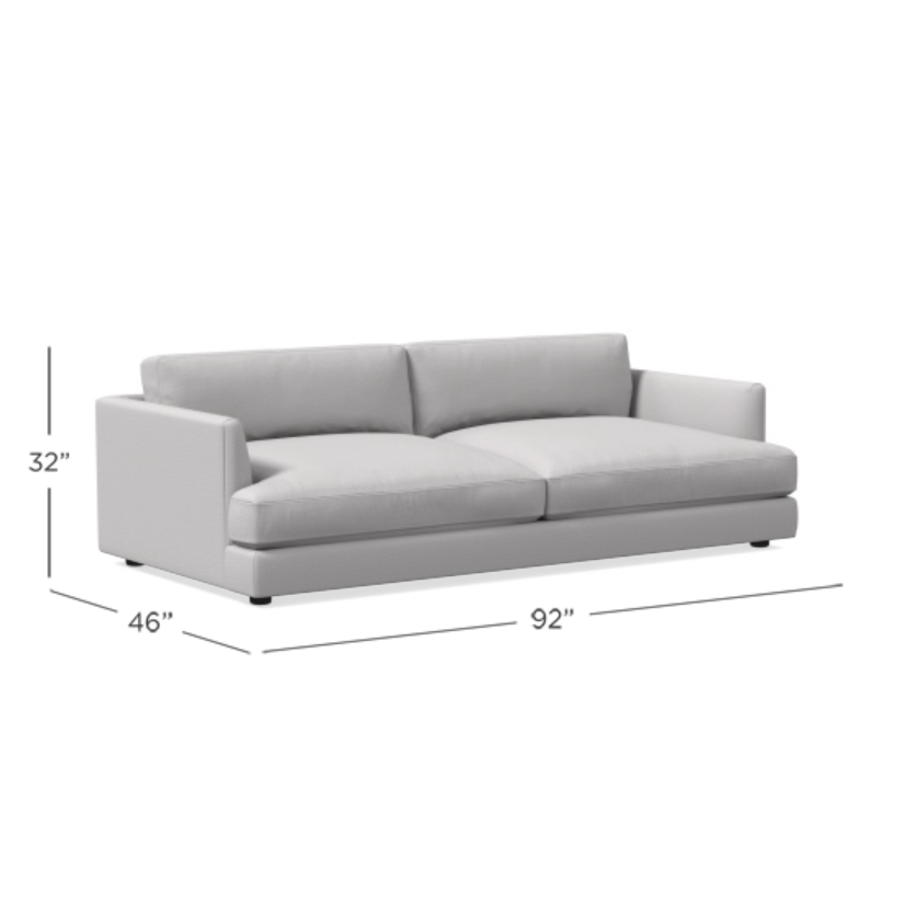 Gray sofa with dimensions labeled on a white background
