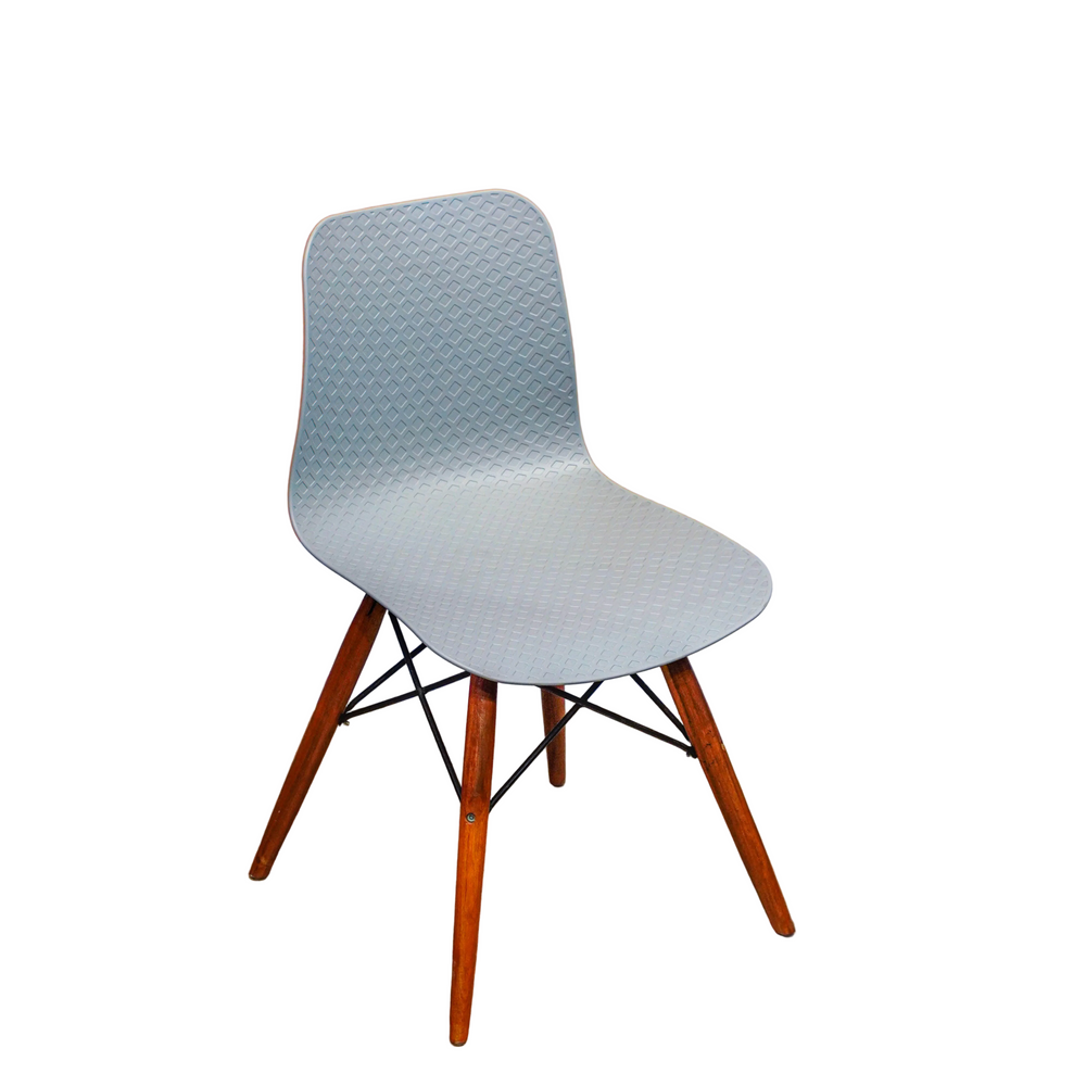 Neva Tex modern accent chair with wooden legs and light blue seat